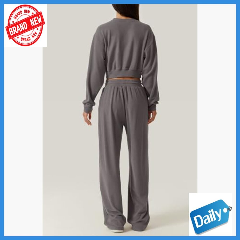 Large 2-Piece Tracksuit Set, Cropped Sweatshirt & Wide Leg Sweatpants, Athletic - Picture 2 of 7